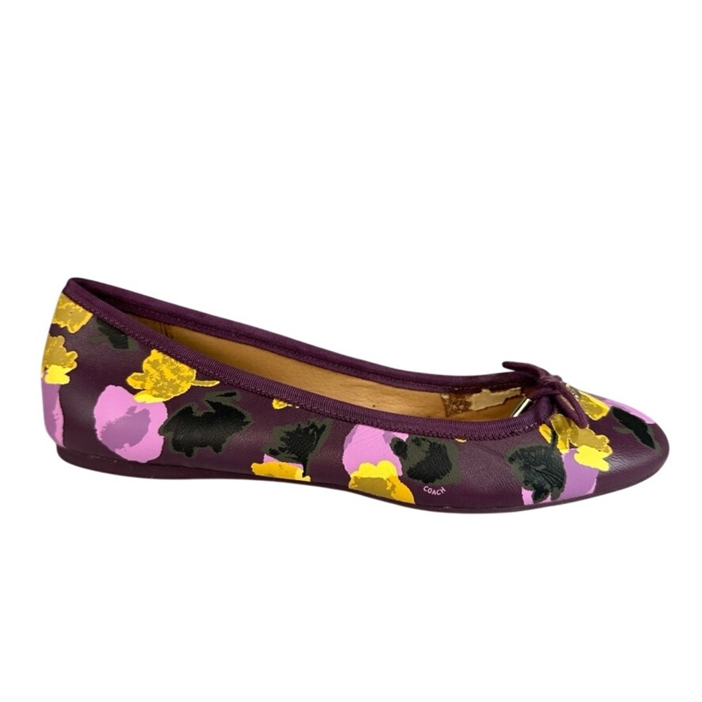 Coach Purple Floral Leather Ballet Flats with Bow Detail Round Toe Size 10